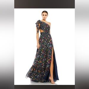 Ieena for Mac Duggal cutout one shoulder chiffon navy gown